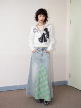 Denim patchwork checked fishtail skirt