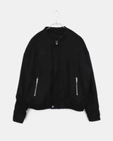 Shait Suede No Collar Snap Button Zipper Pocket Blouson Jacket