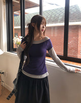 リジーツートーンレイヤードテンセル長袖Tシャツ