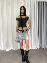 ダークミニドットオフショルダー半袖Tシャツ