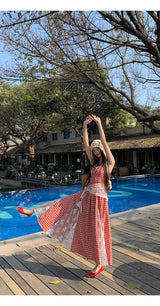 Red cherry checkered lace sleeveless long dress