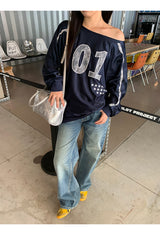 ネイビーサテンナンバールーズスウェットシャツ