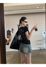 バックシースルービーズブラックラウンド半袖Tシャツ
