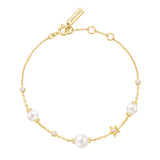 gold pearl and star station 14k gold plating + 925 silver bracelet B065-05G
