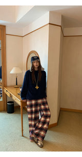 Cotton Check Casual Wide Pants