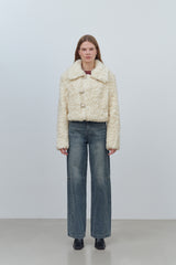 HOOK CLOSING UNBALANCE COLLAR FUR SHORT JACKET - IVORY