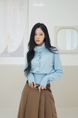 Sky blue high-neck button long-sleeved knitwear
