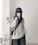 ワッフルカラーマッチングフィンガーホールラウンド長袖Tシャツ