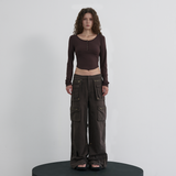 Nylon Buttoned Crop T-shirt [Fabric by ITALY] - BROWN