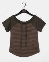 Chenler Striped Off-Shoulder Short-Sleeve T-shirt