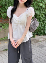 #PR Chiffon シャーリング半袖ブラウス (3color)