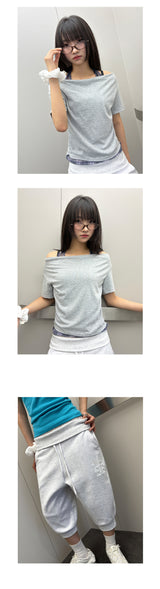 Check Halter Off-Shoulder Semi-Crop T-Shirt