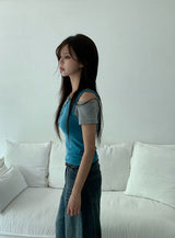 [SET] Resin Unbalanced Sleeveless One Shoulder Button Short Sleeve T-shirt