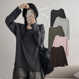 コンチ ストライプド アシメトリー スナップ ロングスリーブ Tシャツ(5 colors)