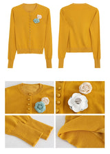 Flower Broach Yellow Round Cardigan