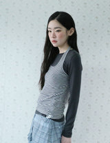 ストライプホルターネックレイヤードTシャツ(グレー)