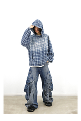RELABEL (Gemeng) Stud-embellished, printed, gradient-wash checked hooded denim sweatshirt
