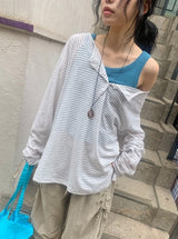 Dre Stripe Summer Button Off-Shoulder Long Sleeve Tee