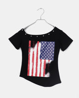 リチンアメリカンフラグスタッドリベットオフショルダー半袖Tシャツ