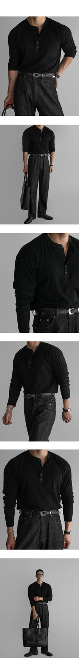 パターンマッスルヘンリーネックニットTシャツ [Black]
