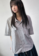Cake Check Button Collar Short Sleeve Shirt 2 COLORS
