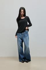 Wide Button Denim Pants