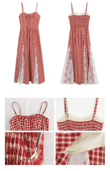 Red cherry checkered lace sleeveless long dress