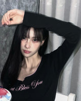 キャットブレスリボン長袖Tシャツ - BLACK