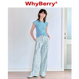 Why Berry 24SS "Refreshing and Easy to Wear" ブルーアンドホワイトチェッカーパンツサマーパンツルーズカジュアルワイドレッグスパンツ
