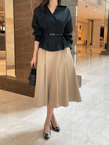 Doberin Open Collar Pintuck Blouse (Belt Set)