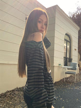 Unbalanced Off-Shoulder Stripe Long Sleeve T-Shirt