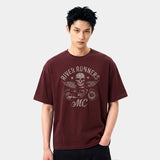 メンズコットン半袖クロップドTシャツ モーターサイクル バーガンディ