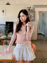 Feminine Frill Wool Crop Knit + Tie Set (3color)
