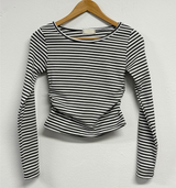 FLEECE❤SIDE SHIRRING STRIPE CROPPED LONG SLEEVE T SHIRT 🧸🤎🩶🩵3COLOR