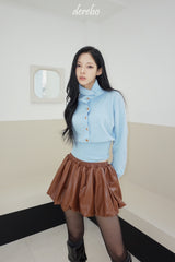 Sky blue high-neck button long-sleeved knitwear