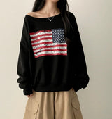 Ture unbalanced off-shoulder American flag sweatshirt