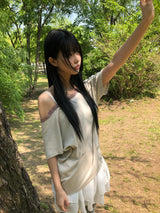 ドエンレースオフショルダー半袖Tシャツ