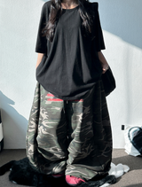 フロントフラッグプリントタトゥーポイントミリタリーバルーンサイドスリットロングパンツ💚🖤🤎