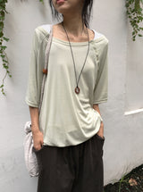 Shushup Off-Shoulder Tencel Layered Snap Short Sleeve Tee