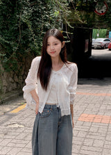 #Autumn Lace Ribbon Long Sleeve Blouse (2color)
