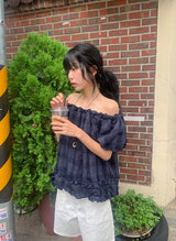 Ame Check Off-Shoulder Frill Short Sleeve Blouse