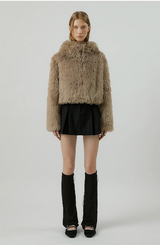 COMELY soft fur crop hoodie jacket [beige]
