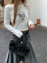 Heart Printed Long Sleeve Crop T-shirt