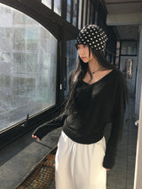 Deep V-neck see-through knit (6c)