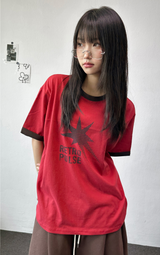 レットコントラストレタータトゥーパッチショートスリーブTシャツ3カラー