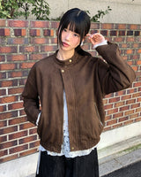 Shait Suede No Collar Snap Button Zipper Pocket Blouson Jacket