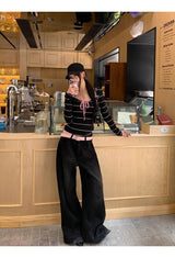 Pink strap striped striped long-sleeved t-shirt
