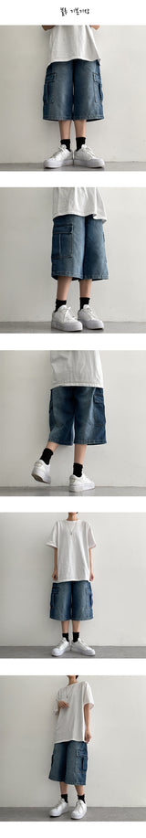 [S-2XL/Long, Basic, Short] ルーカスウォッシングカーゴワイドデニムハーフパンツ