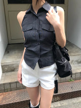 ニール ストライプ バックレス ホルター カラー シャツ
