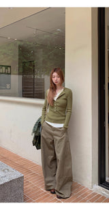 high-neck button bold ribbed loose fit knitwear